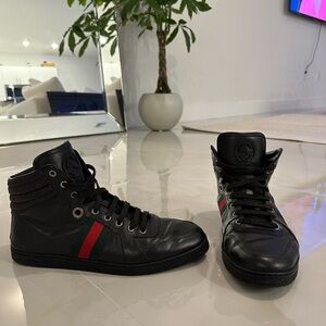 Black High-Top Sneakers with Red and Green Stripes